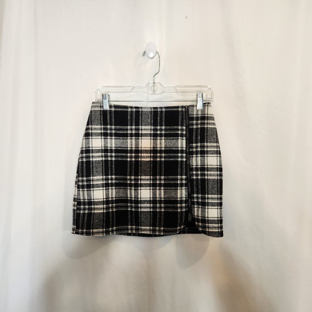 HOLLISTER‎ Black White Plaid Wool Blend Lined Mini Skirt Side Zip Twee Juniors 3